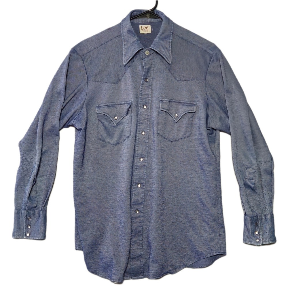 VINTAGE Lee Shirt Men 17.5 Blue Chambray 70s Western Pearl Snap Cowboy Rodeo USA
